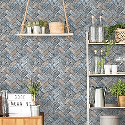 Galerie Wallcoverings Product Code G45425 - Just Kitchens Wallpaper Collection - Blues Taupe Colours - Herringbone Brick Design