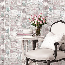 Galerie Wallcoverings Product Code G56279 - Nostalgie Wallpaper Collection - Pink Colours - Perfume Labels  Design